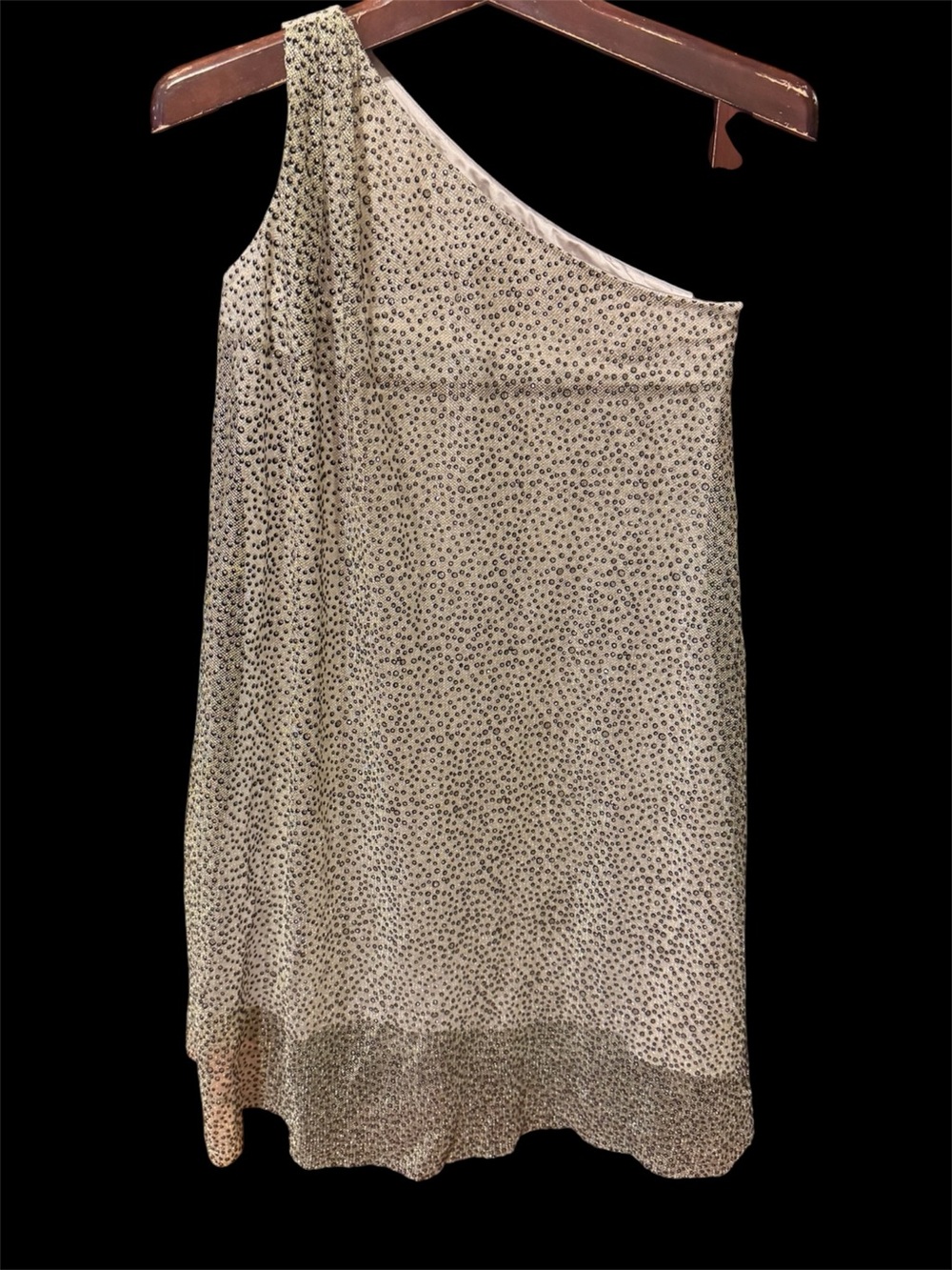 One-Shoulder Badgley Mischka Gold and Black Polka Dot layered Dress size 4